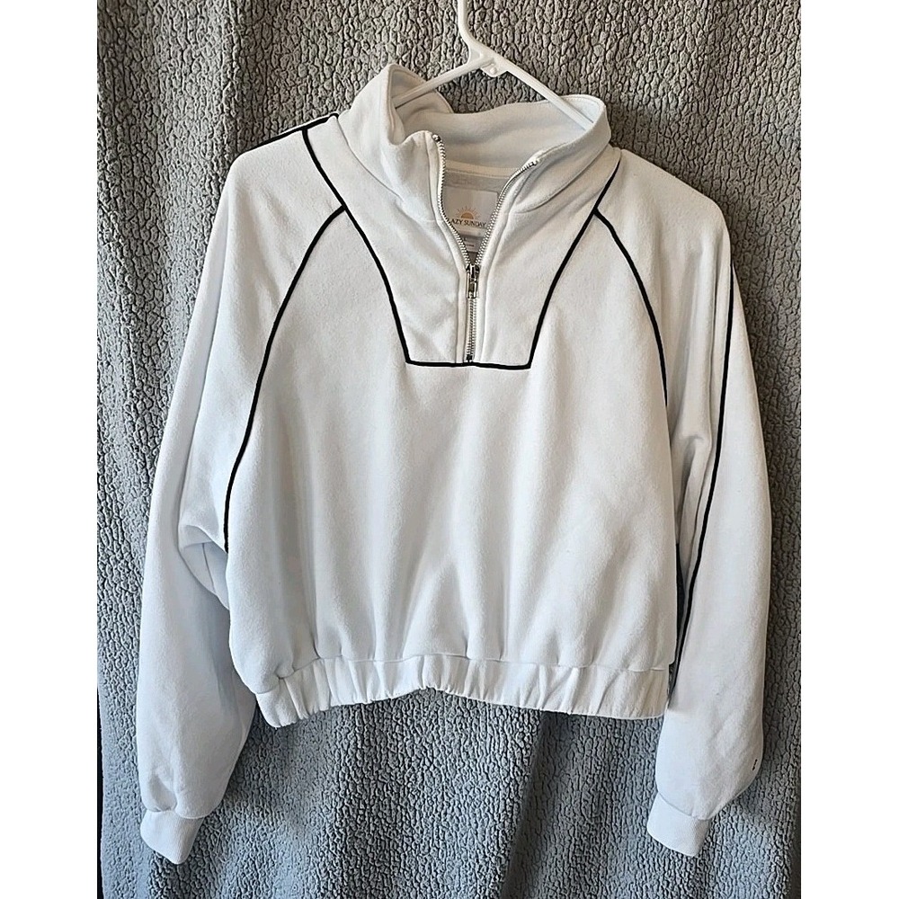 Lazy Sunday Cropped 1/4 Zip Sweatshirt White W/black Trim Size L Elastic Waist
